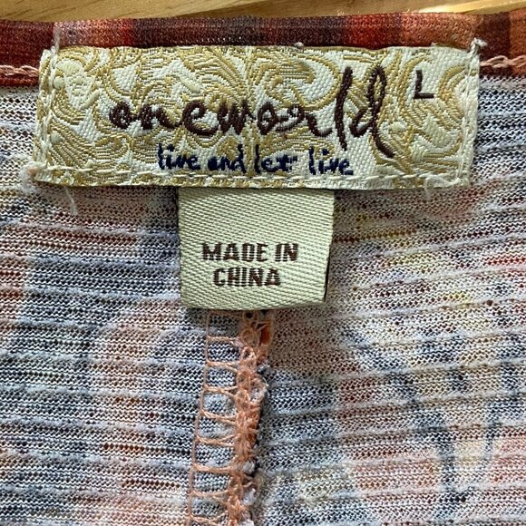 One World Womens Tunic Top Sz L Orange Brown Boho Open Crochet V-neck Fall L/S - Picture 10 of 12